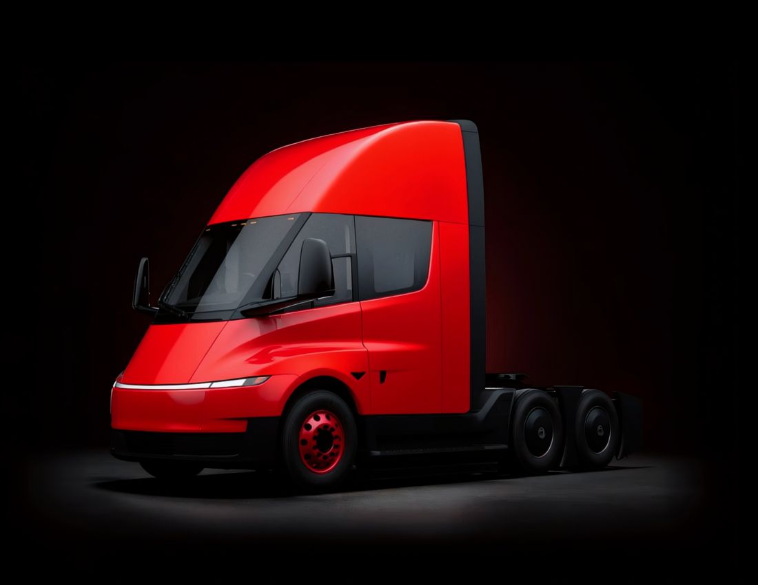 Red Tesla Semi collision repair under lighting Red Tesla Semi collision repair under lighting